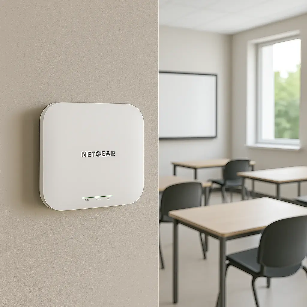 Point d’accès WiFi Netgear fixé au mur dans une salle de classe vide, offrant une couverture réseau optimale.