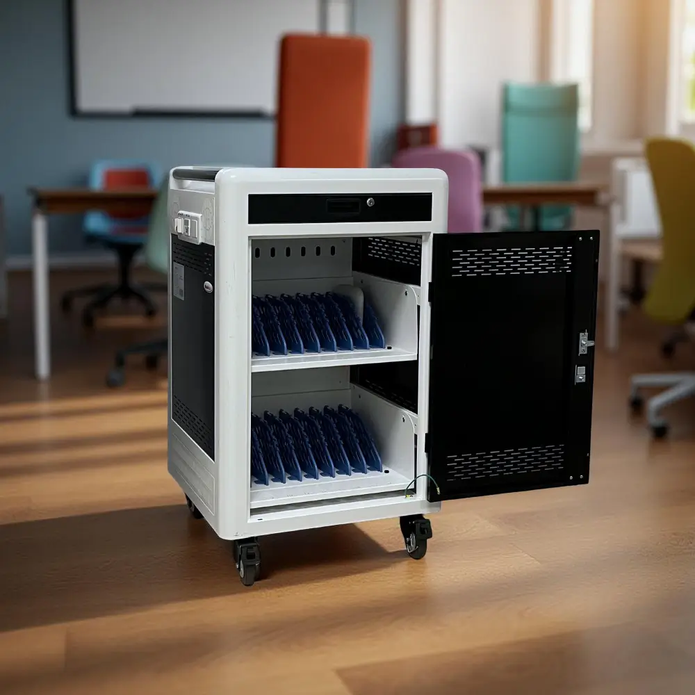 Chariot multimédia rempli de tablettes dans une salle de classe moderne – solutions numériques Aratice.