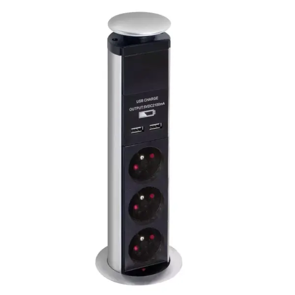 Bloc escamotable 3 prises + 2 USB 2,1A