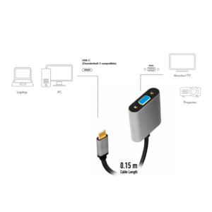 Adaptateur USB Type-C, C/M vers VGA, 1080p, alu, noir/gris, 0.15m